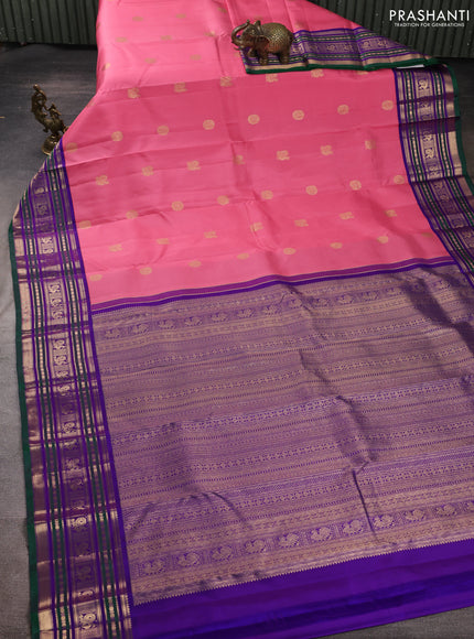 Pure kanchipuram silk saree light pink and violet with annam & rudhraksha zari woven buttas and zari woven peacock design border