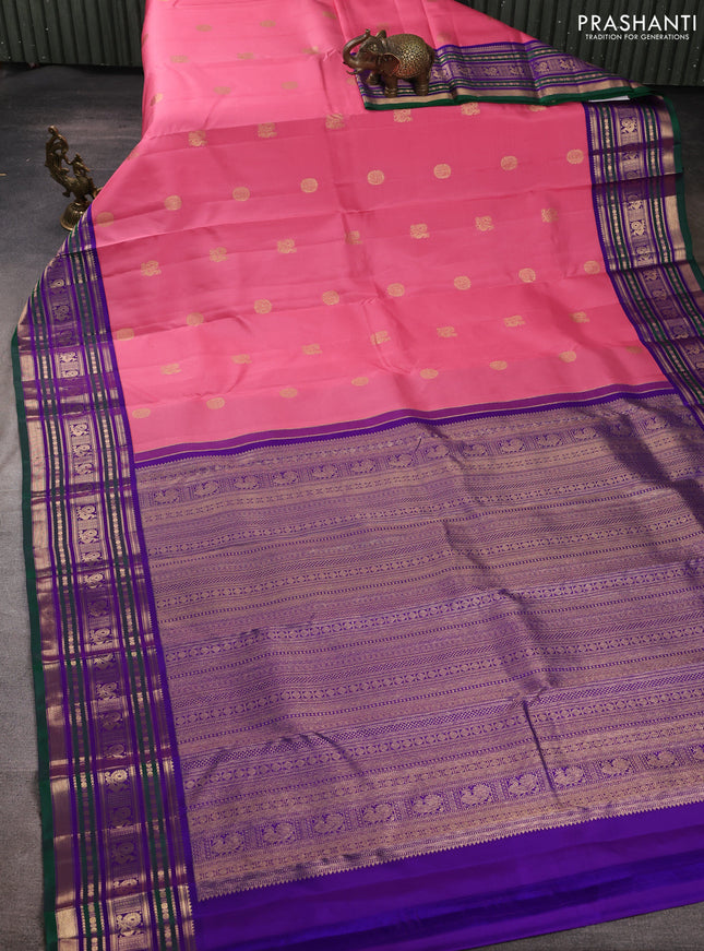 Pure kanchipuram silk saree light pink and violet with annam & rudhraksha zari woven buttas and zari woven peacock design border