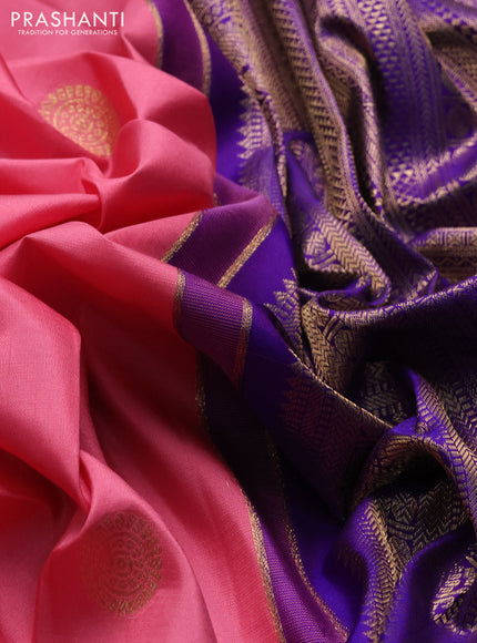 Pure kanchipuram silk saree light pink and violet with annam & rudhraksha zari woven buttas and zari woven peacock design border