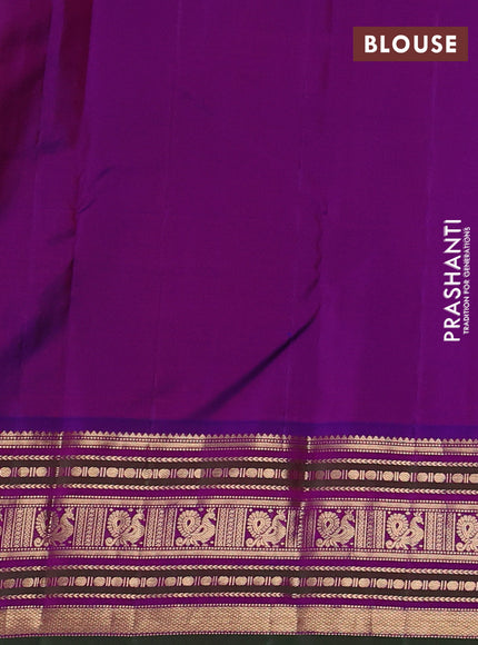 Pure kanchipuram silk saree mango yellow and purple with annam & rudhraksha zari woven buttas and zari woven peacock design border