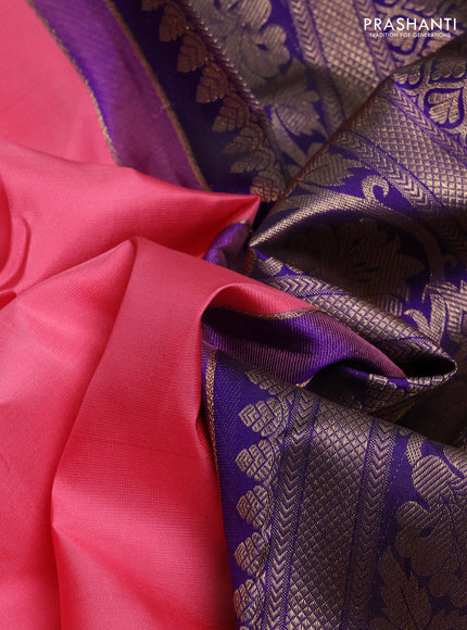 Pure kanchipuram silk saree peach pink and violet with zari woven buttas and zari woven korvai border