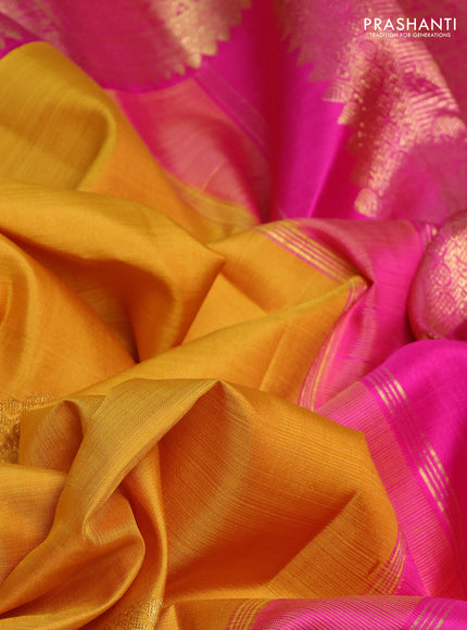 Pure kanchipuram silk saree mustard yellow and pink with zari woven buttas and zari woven korvai border