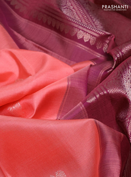 Pure kanchipuram silk saree peach pink and wine shade with zari woven buttas and zari woven korvai border