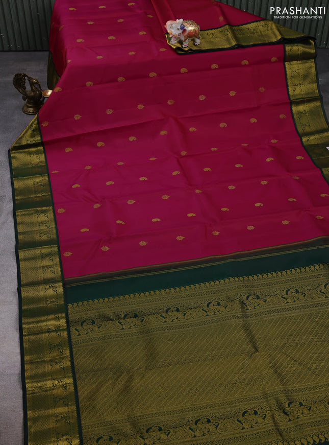 Pure kanchipuram silk saree pink and bottle green with zari woven buttas and zari woven korvai border