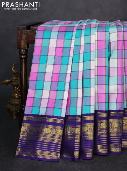 Pure kanchipuram silk saree multi colour and navy blue with allover paalum pazhamum checked pattern and zari woven korvai border