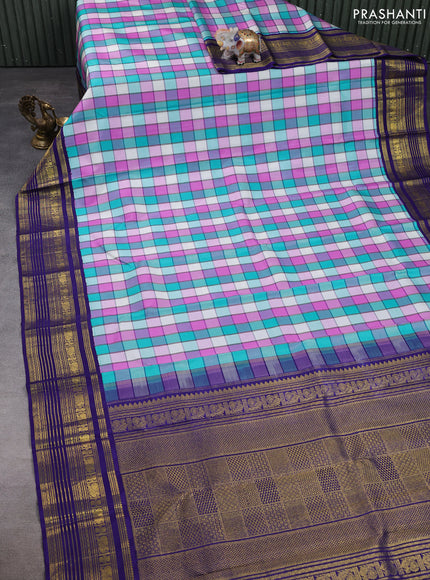 Pure kanchipuram silk saree multi colour and navy blue with allover paalum pazhamum checked pattern and zari woven korvai border