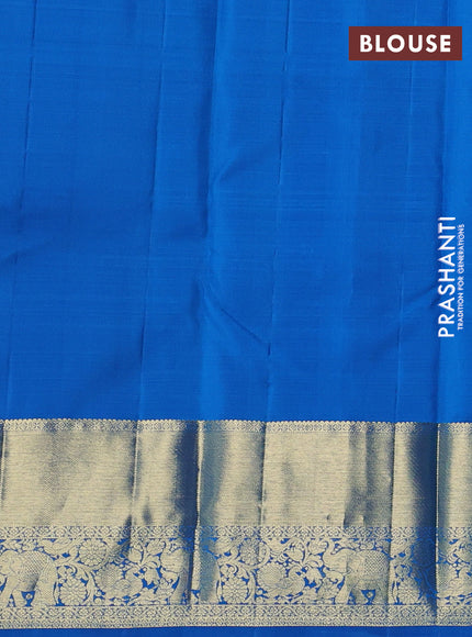 Pure kanchipuram silk saree dual shade of bluish green and cs blue with silver & zari woven buttas and long rich zari woven border