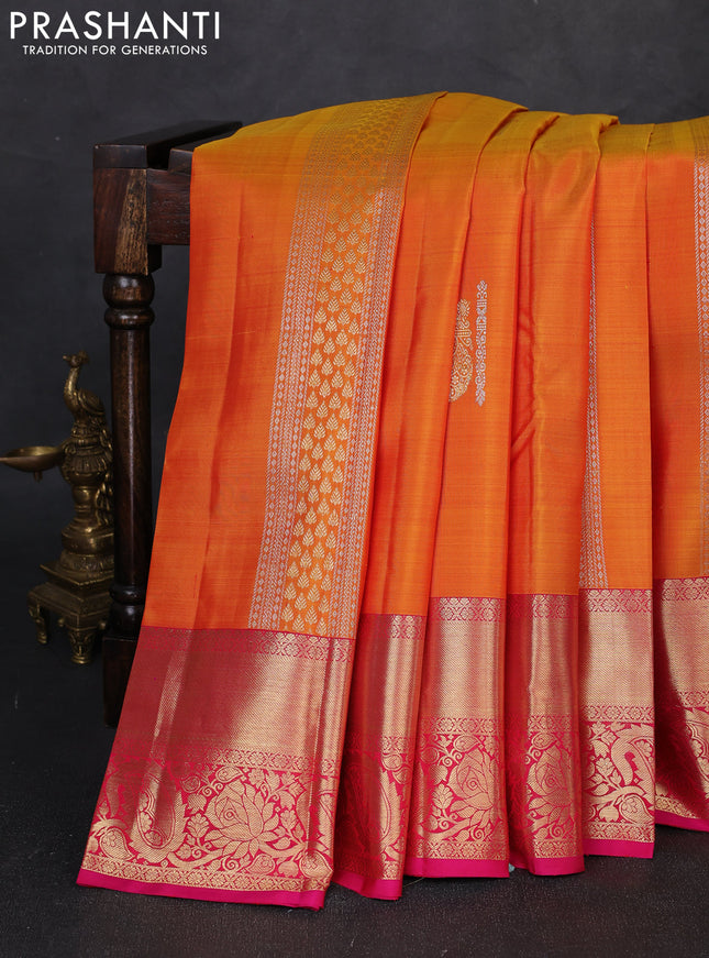 Pure kanchipuram silk saree sunset orange and pink with silver & zari woven buttas and long rich zari woven border