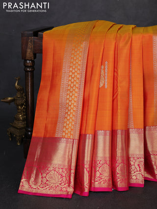Pure kanchipuram silk saree sunset orange and pink with silver & zari woven buttas and long rich zari woven border