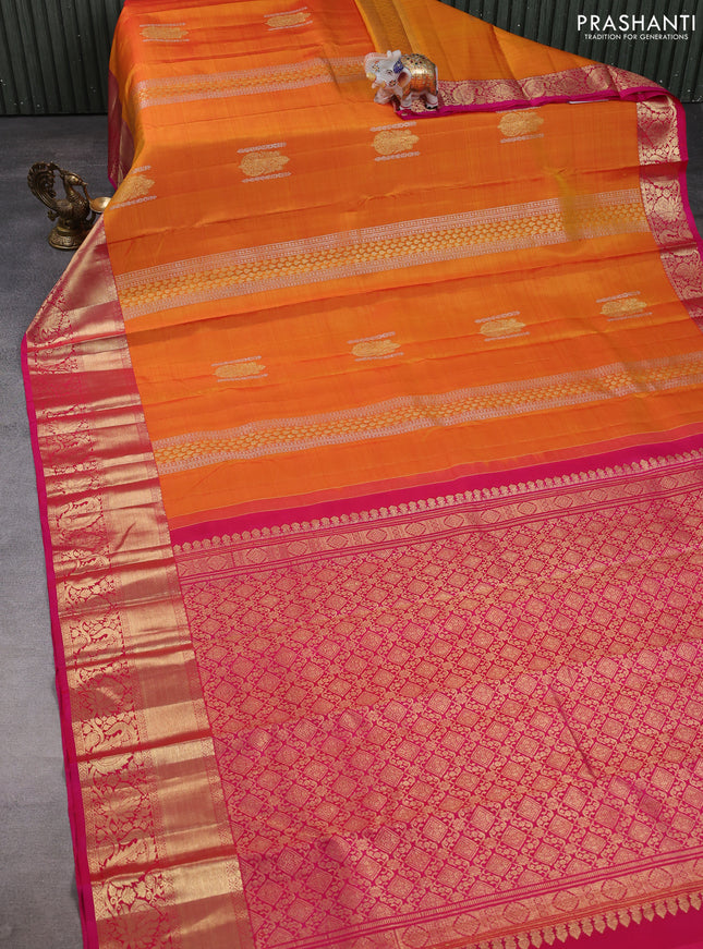 Pure kanchipuram silk saree sunset orange and pink with silver & zari woven buttas and long rich zari woven border