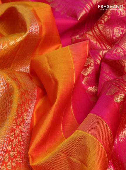 Pure kanchipuram silk saree sunset orange and pink with silver & zari woven buttas and long rich zari woven border