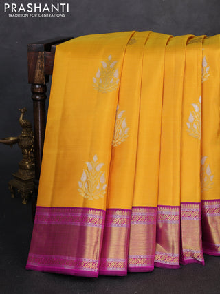 Pure kanchipuram silk saree mustard yellow and pink with zari woven buttas and zari woven korvai border
