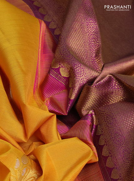 Pure kanchipuram silk saree mustard yellow and pink with zari woven buttas and zari woven korvai border