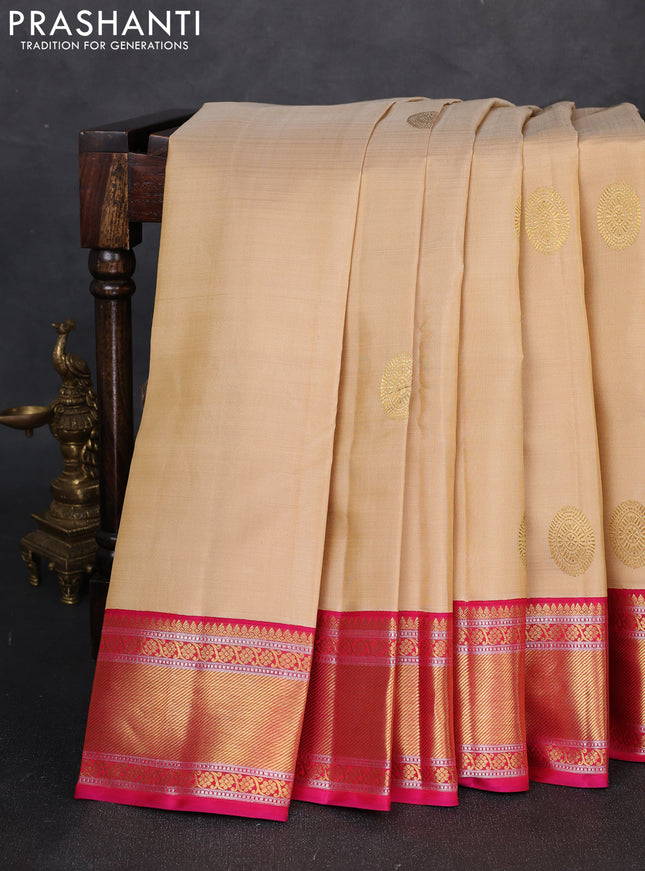 Pure kanchipuram silk saree beige and pink with rudraksha zari woven buttas and zari woven korvai border