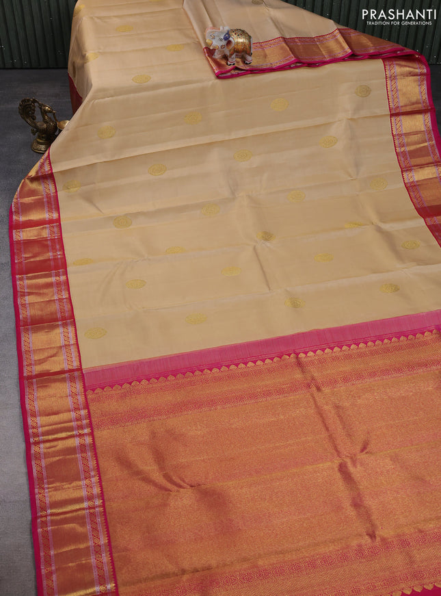 Pure kanchipuram silk saree beige and pink with rudraksha zari woven buttas and zari woven korvai border