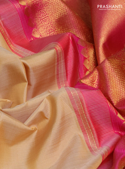 Pure kanchipuram silk saree beige and pink with rudraksha zari woven buttas and zari woven korvai border
