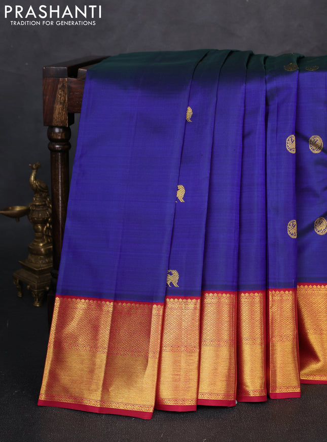 Pure kanchipuram silk saree royal blue and maroon with allover zari woven buttas and zari woven korvai border