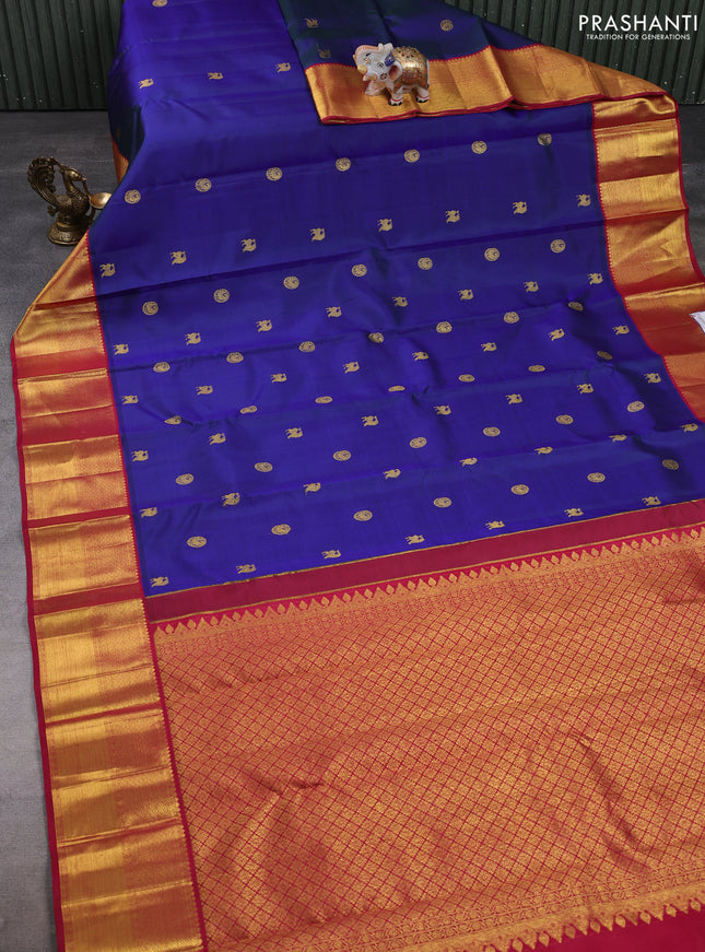Pure kanchipuram silk saree royal blue and maroon with allover zari woven buttas and zari woven korvai border
