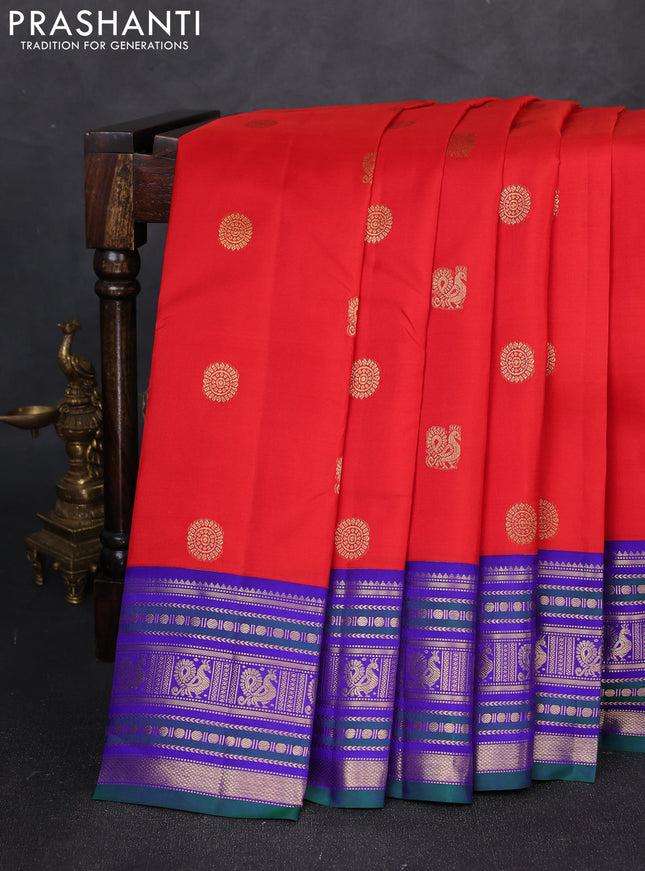 Pure kanchipuram silk saree red and green with allover zari woven buttas and zari woven korvai border