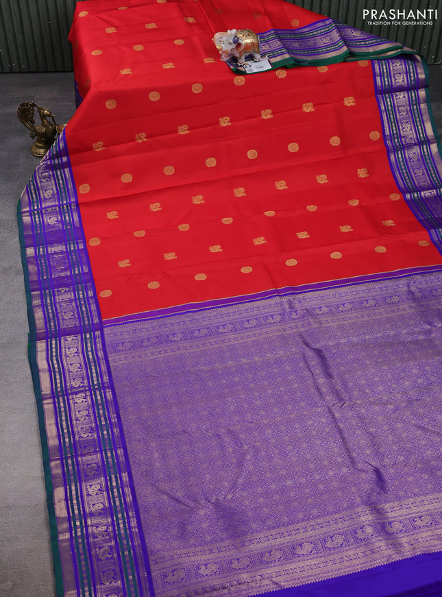 Pure kanchipuram silk saree red and green with allover zari woven buttas and zari woven korvai border