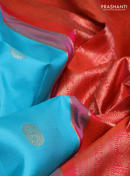 Pure kanchipuram silk saree teal blue and green with zari woven buttas and zari woven korvai border
