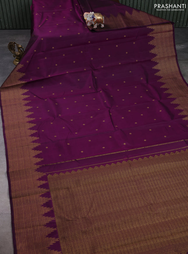 Pure kanchipuram silk saree deep magenta pink with allover zari woven buttas and temple zari woven border