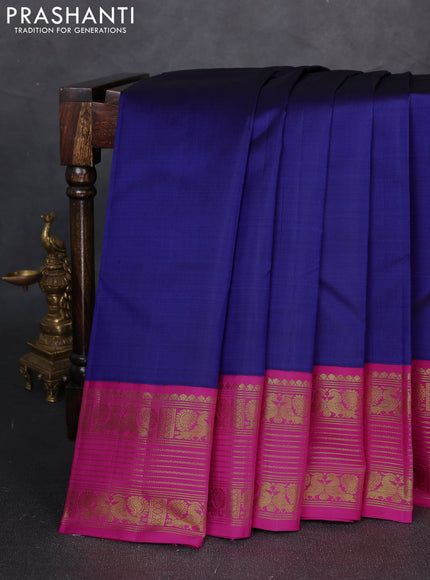 Pure kanchipuram silk saree royal blue and pink with plain body and zari woven korvai border