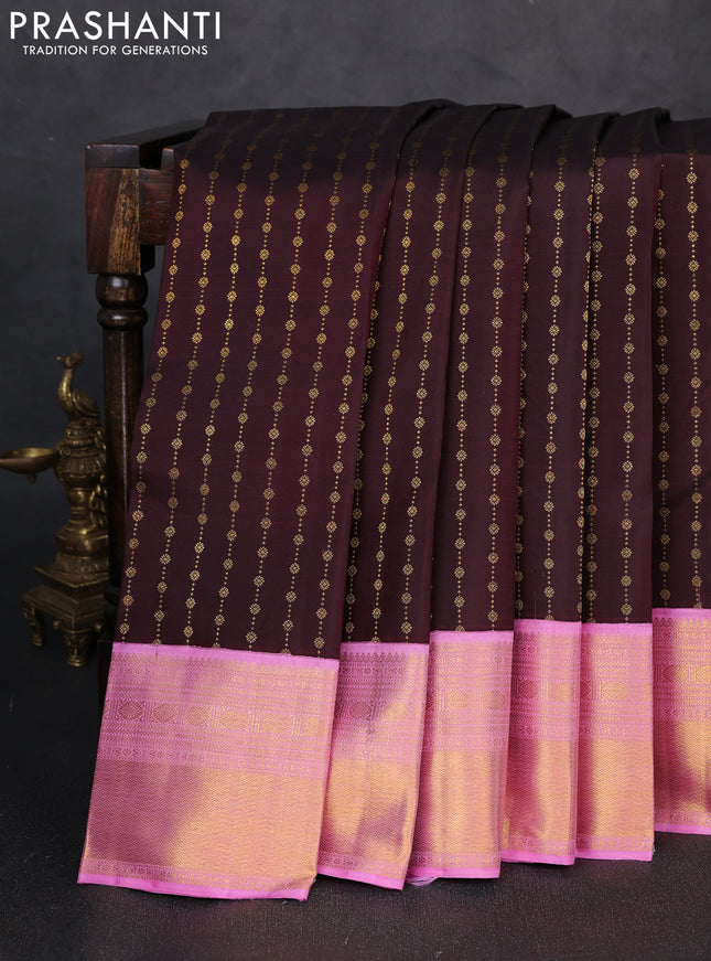 Pure kanchipuram silk saree coffee brown and lotus pink with allover zari weaves pattern and zari woven korvai border
