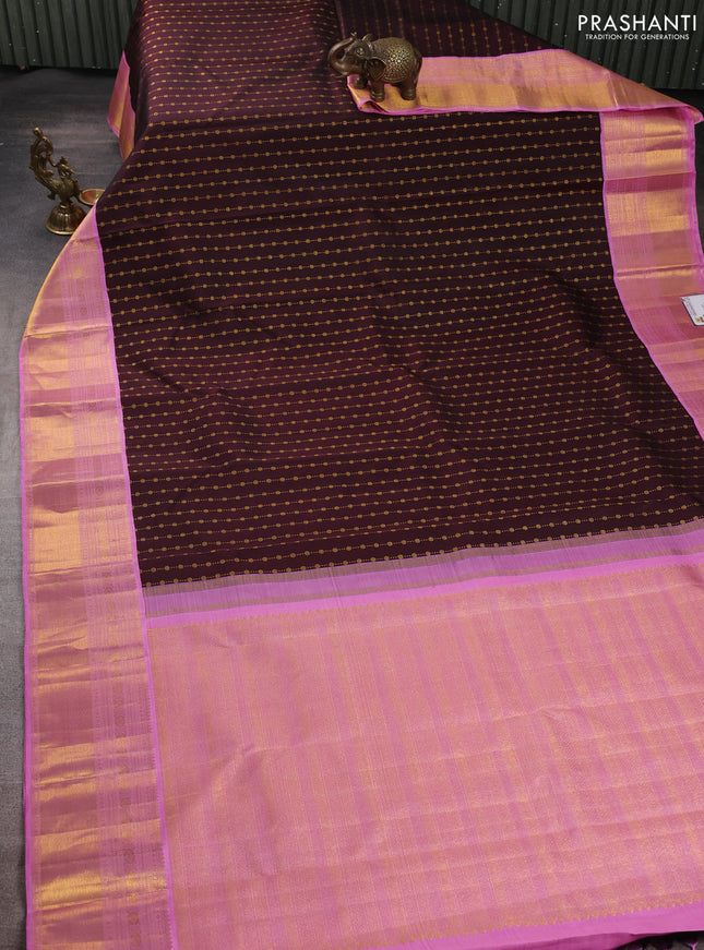 Pure kanchipuram silk saree coffee brown and lotus pink with allover zari weaves pattern and zari woven korvai border