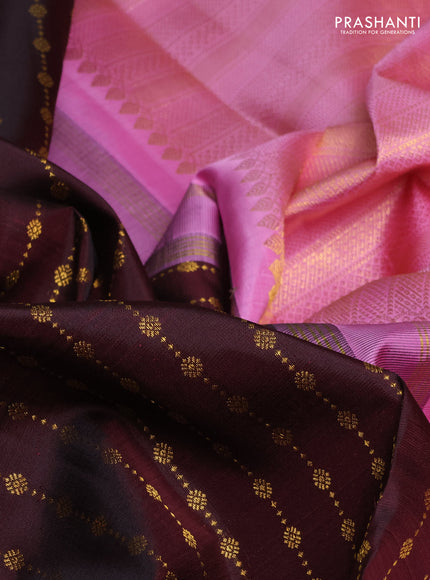 Pure kanchipuram silk saree coffee brown and lotus pink with allover zari weaves pattern and zari woven korvai border