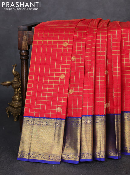 Pure kanchipuram silk saree red and royal blue with allover small zari checks & buttas and zari woven korvai border