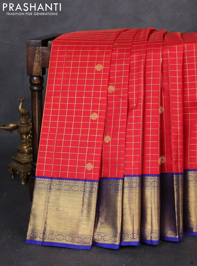 Pure kanchipuram silk saree red and royal blue with allover small zari checks & buttas and zari woven korvai border