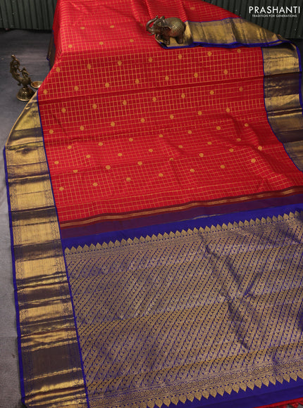 Pure kanchipuram silk saree red and royal blue with allover small zari checks & buttas and zari woven korvai border