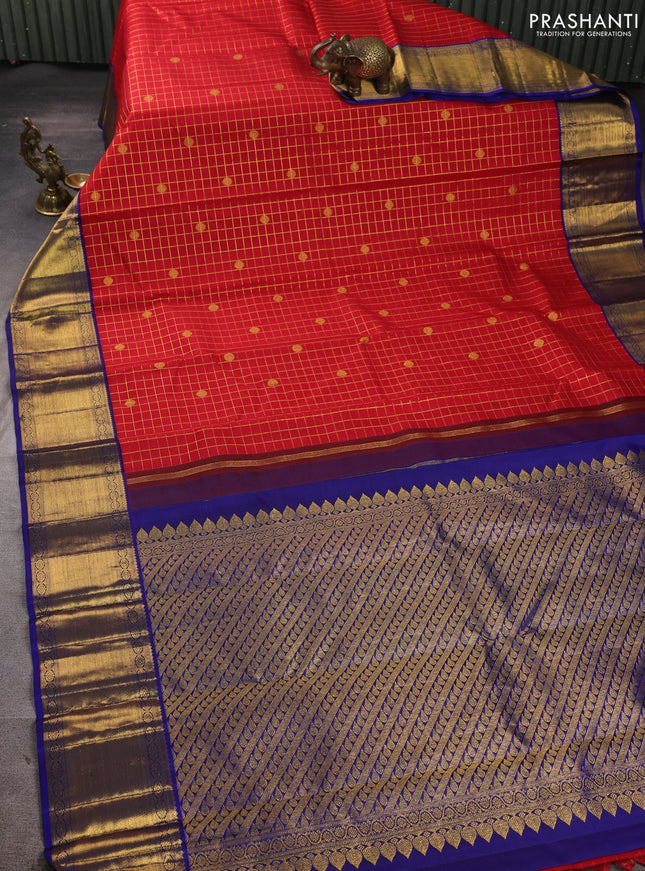 Pure kanchipuram silk saree red and royal blue with allover small zari checks & buttas and zari woven korvai border