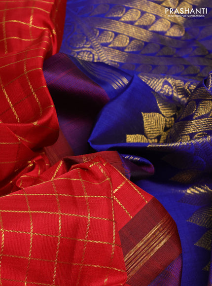 Pure kanchipuram silk saree red and royal blue with allover small zari checks & buttas and zari woven korvai border
