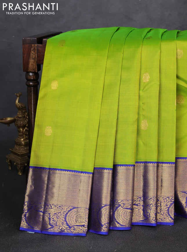 Pure kanchipuram silk saree lime green and royal blue with zari woven buttas and zari woven korvai border