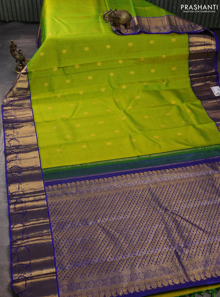 Pure kanchipuram silk saree lime green and royal blue with zari woven buttas and zari woven korvai border
