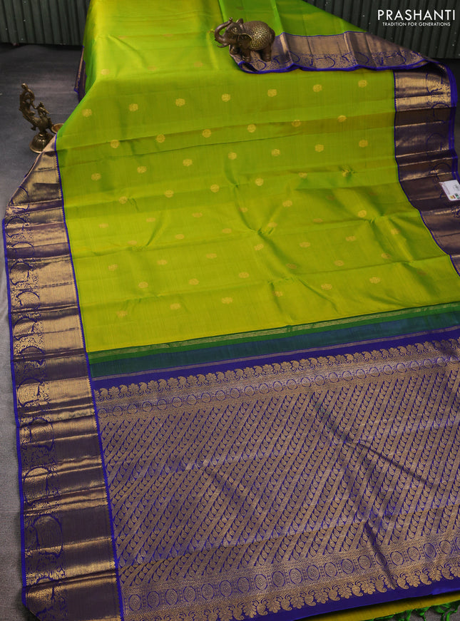 Pure kanchipuram silk saree lime green and royal blue with zari woven buttas and zari woven korvai border