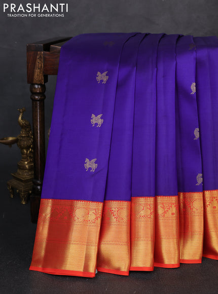 Pure kanchipuram silk saree dark blue and orange with zari woven buttas and zari woven korvai border
