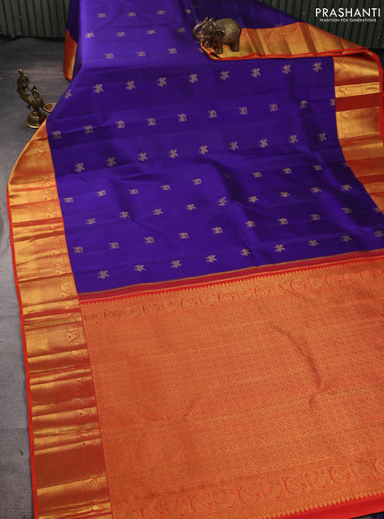 Pure kanchipuram silk saree dark blue and orange with zari woven buttas and zari woven korvai border