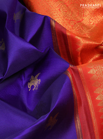 Pure kanchipuram silk saree dark blue and orange with zari woven buttas and zari woven korvai border
