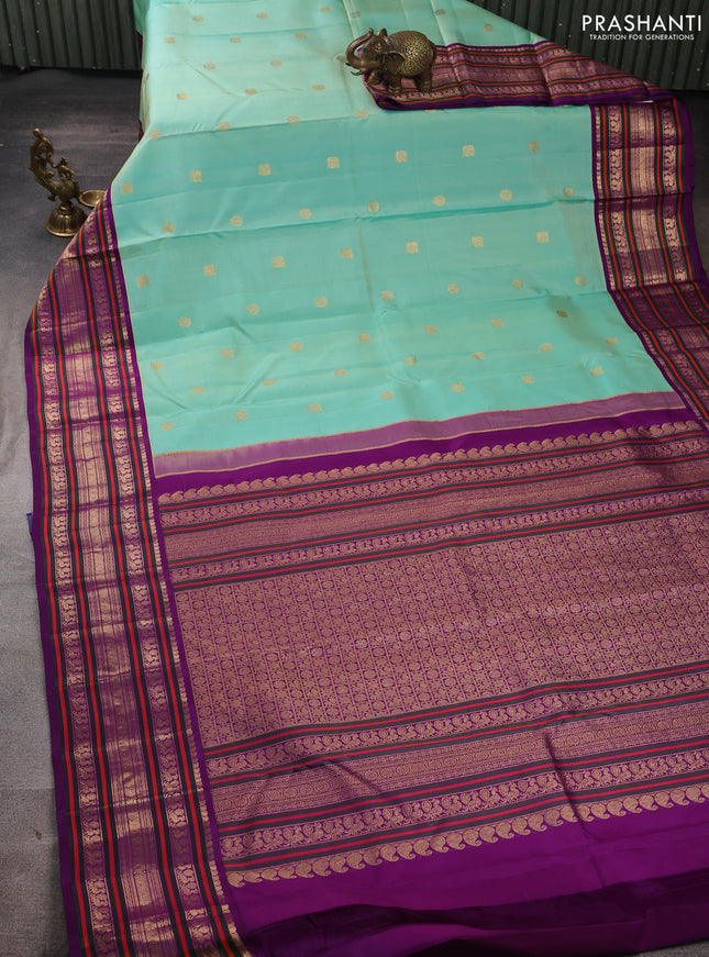 Pure kanchipuram silk saree teal green and purple with zari woven buttas and long thread & zari woven buttas