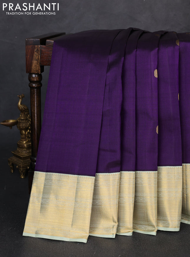 Pure kanchipuram silk saree violet and pastel green with zari woven buttas and zari woven korvai border