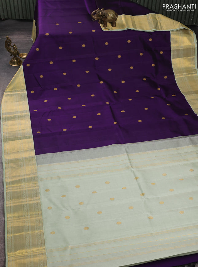 Pure kanchipuram silk saree violet and pastel green with zari woven buttas and zari woven korvai border