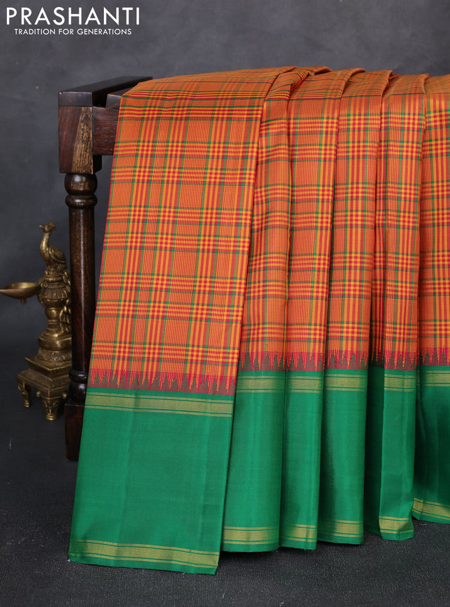 Pure kanchipuram silk saree mustard yellow and green with allover checked pattern and rettapet zari woven border