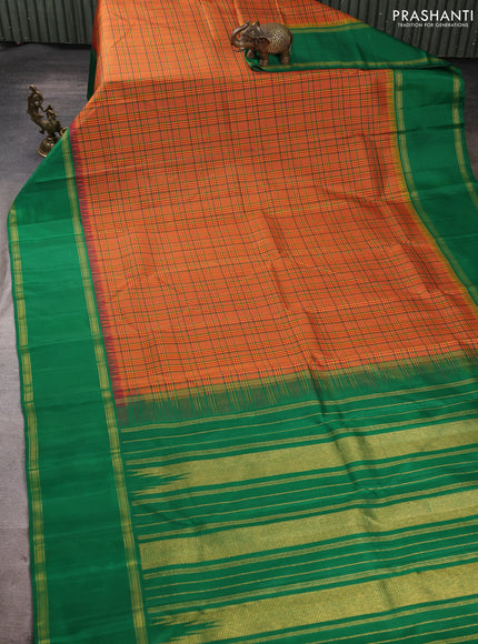 Pure kanchipuram silk saree mustard yellow and green with allover checked pattern and rettapet zari woven border