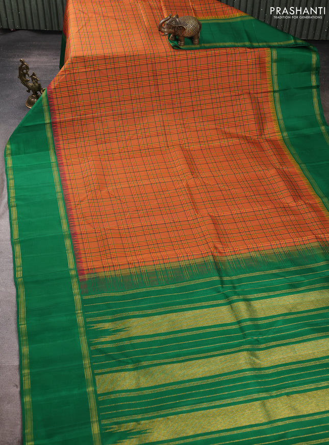 Pure kanchipuram silk saree mustard yellow and green with allover checked pattern and rettapet zari woven border