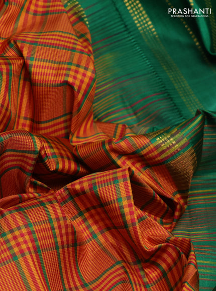 Pure kanchipuram silk saree mustard yellow and green with allover checked pattern and rettapet zari woven border