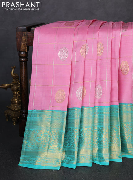 Pure kanchipuram silk saree baby pink and teal green with allover zari woven ckecks & buttas and long zari woven border