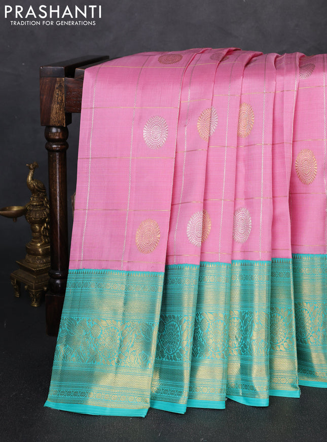 Pure kanchipuram silk saree baby pink and teal green with allover zari woven ckecks & buttas and long zari woven border